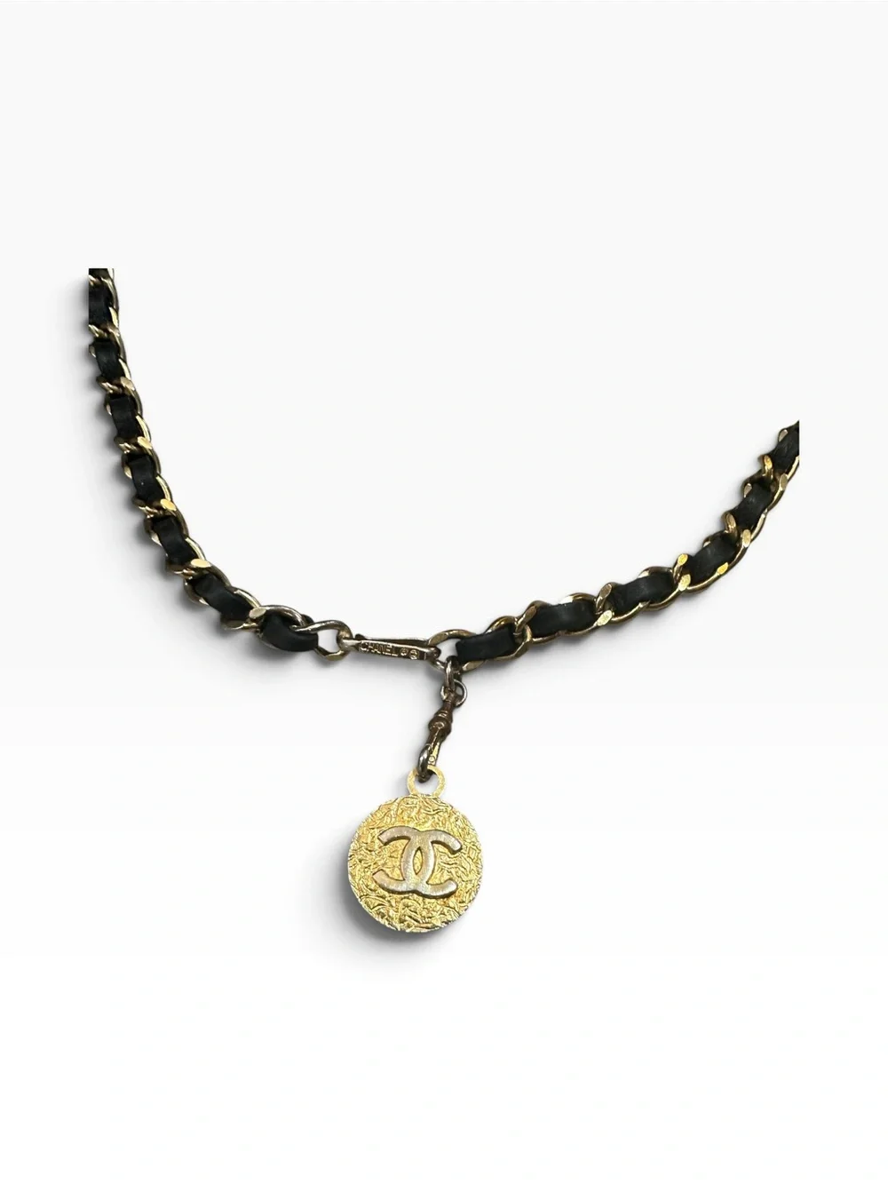 CHANEL Black and Gold Chain Necklace with CC Medallion Vintage 1982